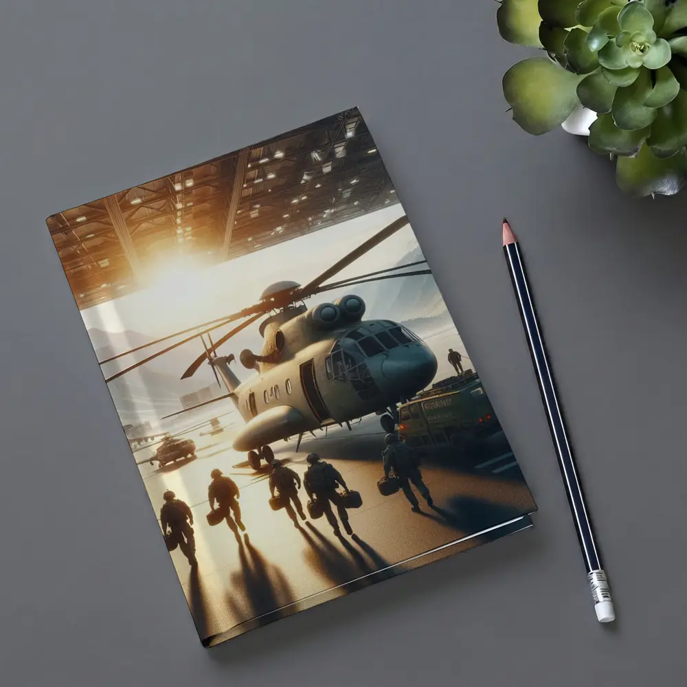 Military Helicopter Crew Hangar Sunlight Scene – Notebooks
