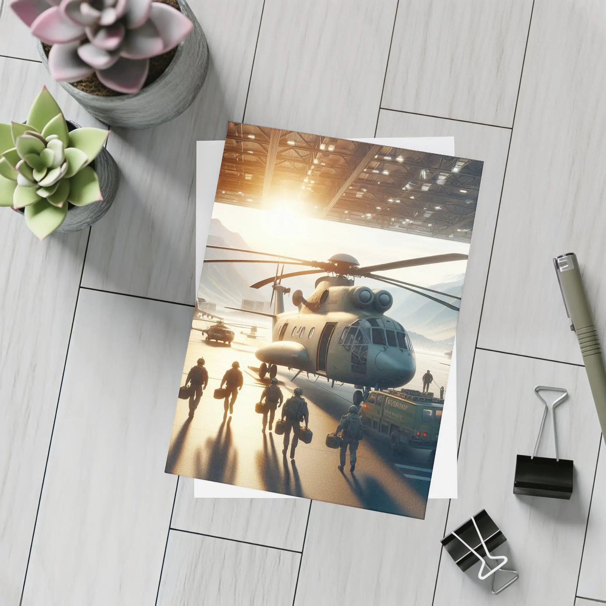 Military Helicopter Crew Hangar Sunlight Scene – Postcards