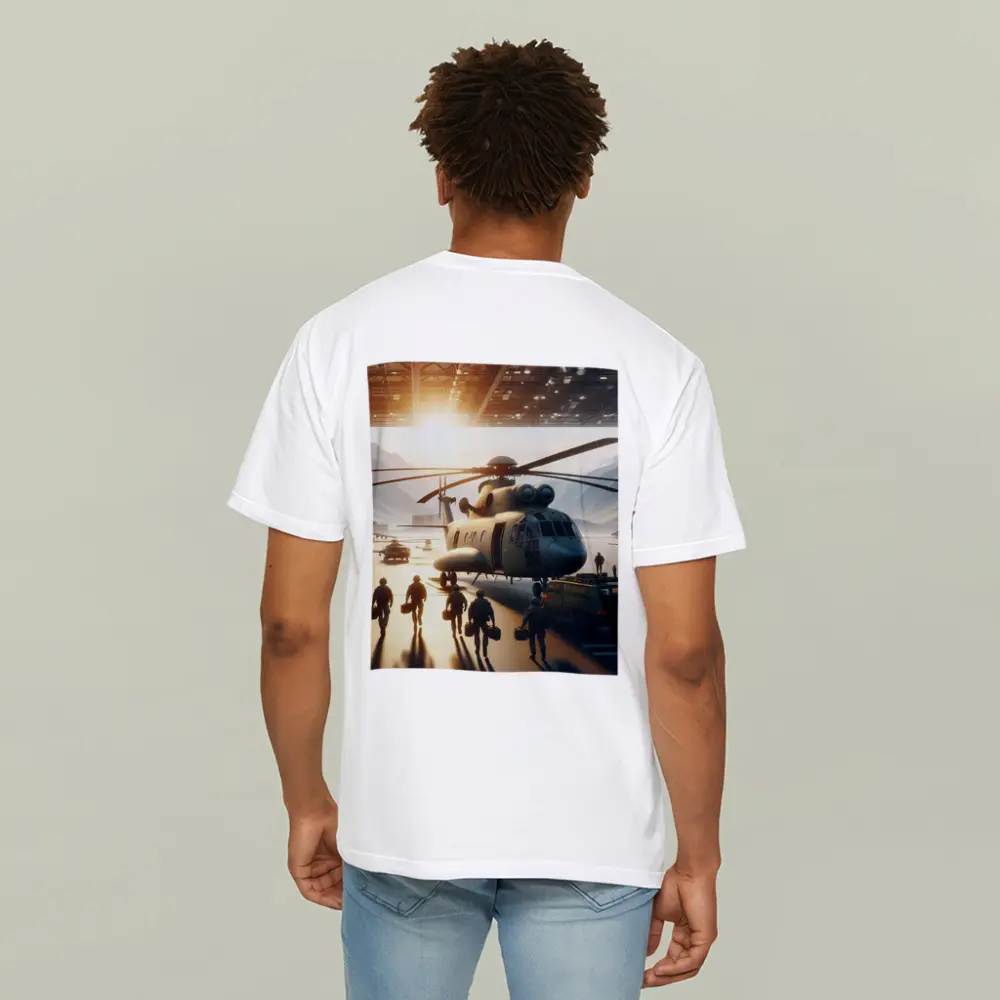 Military Helicopter Crew Hangar Sunlight Scene – T-Shirts