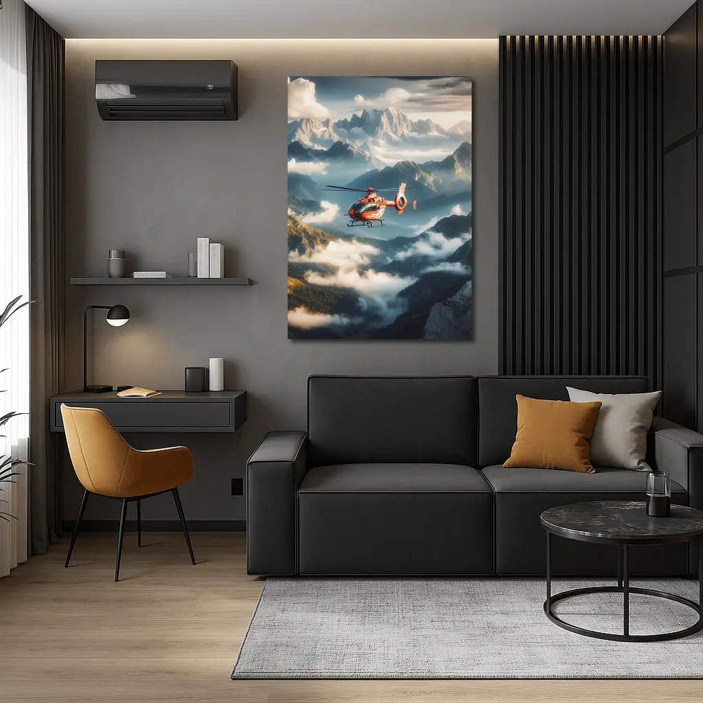 Orange Helicopter Flying Over Misty Mountains – Wall Art