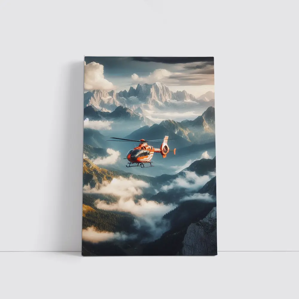 Orange Helicopter Flying Over Misty Mountains – Wall Art