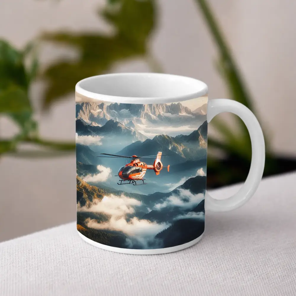 Orange Helicopter Flying Over Misty Mountains – Mugs