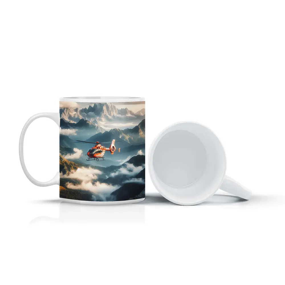 Orange Helicopter Flying Over Misty Mountains – Mugs