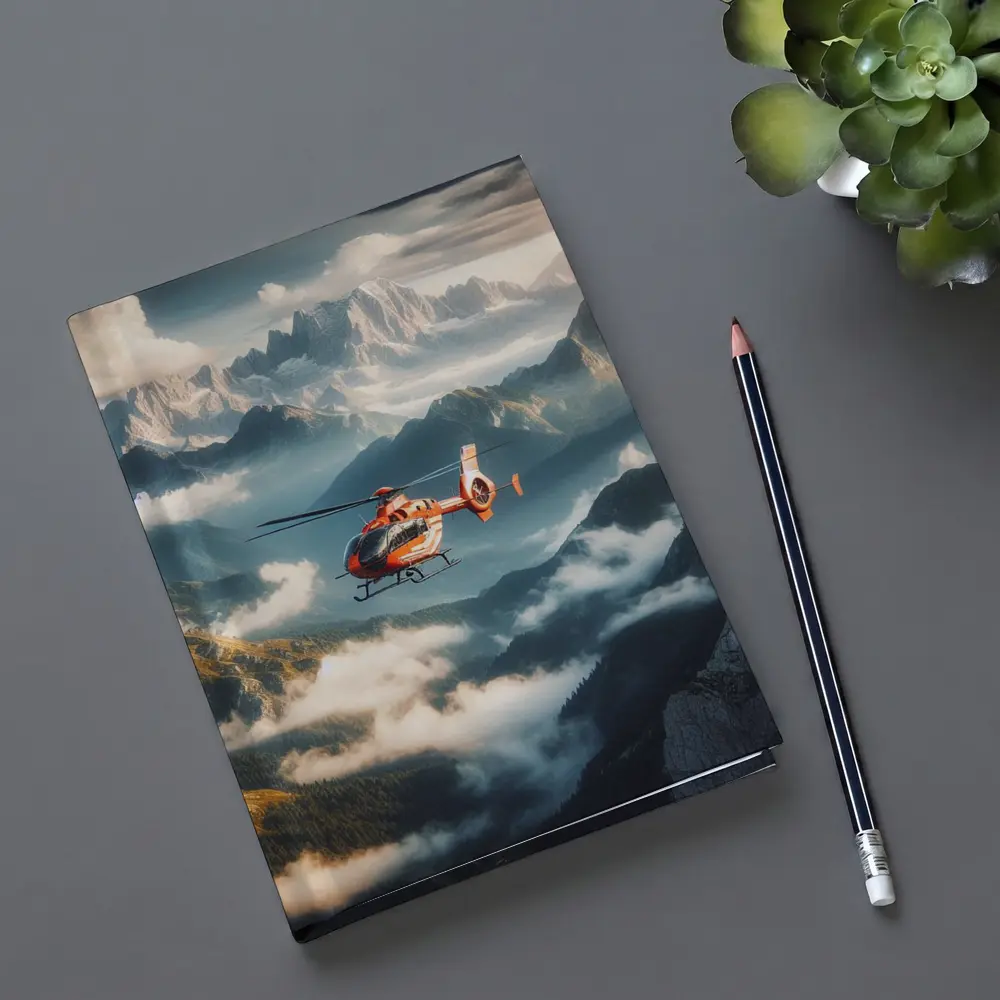 Orange Helicopter Flying Over Misty Mountains – Notebooks