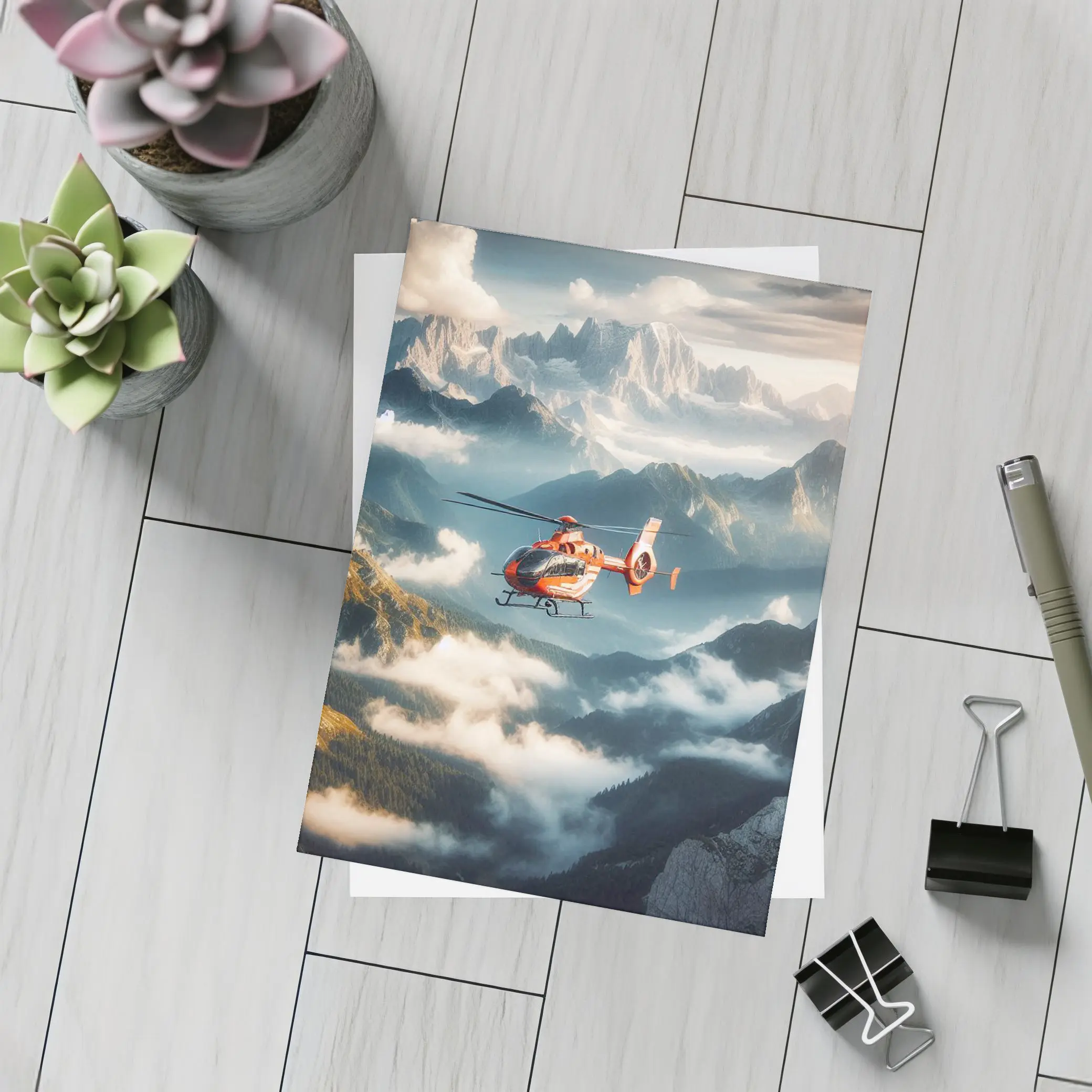 Orange Helicopter Flying Over Misty Mountains – Postcards