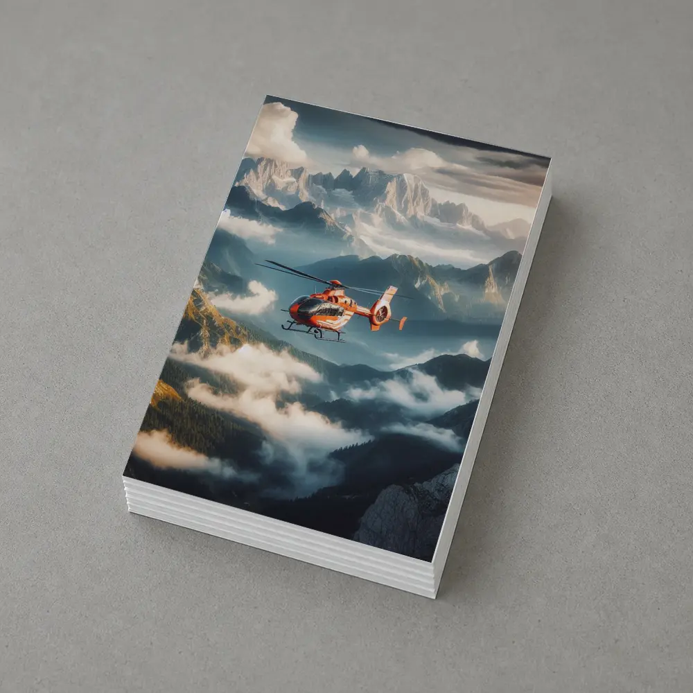 Orange Helicopter Flying Over Misty Mountains – Postcards