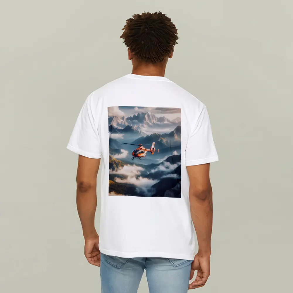 Orange Helicopter Flying Over Misty Mountains – T-Shirts