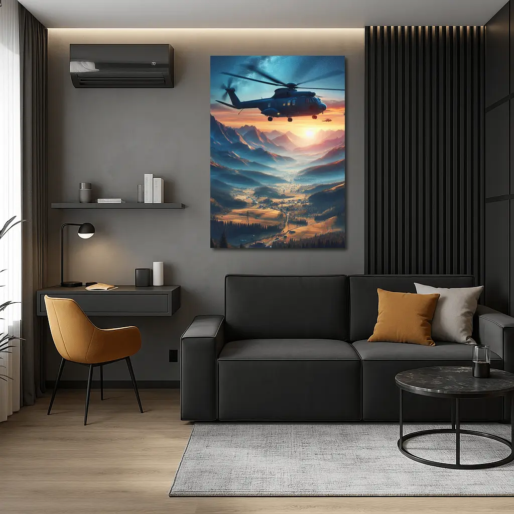 Helicopter Flying Over Mountain Valley Sunset – Wall Art