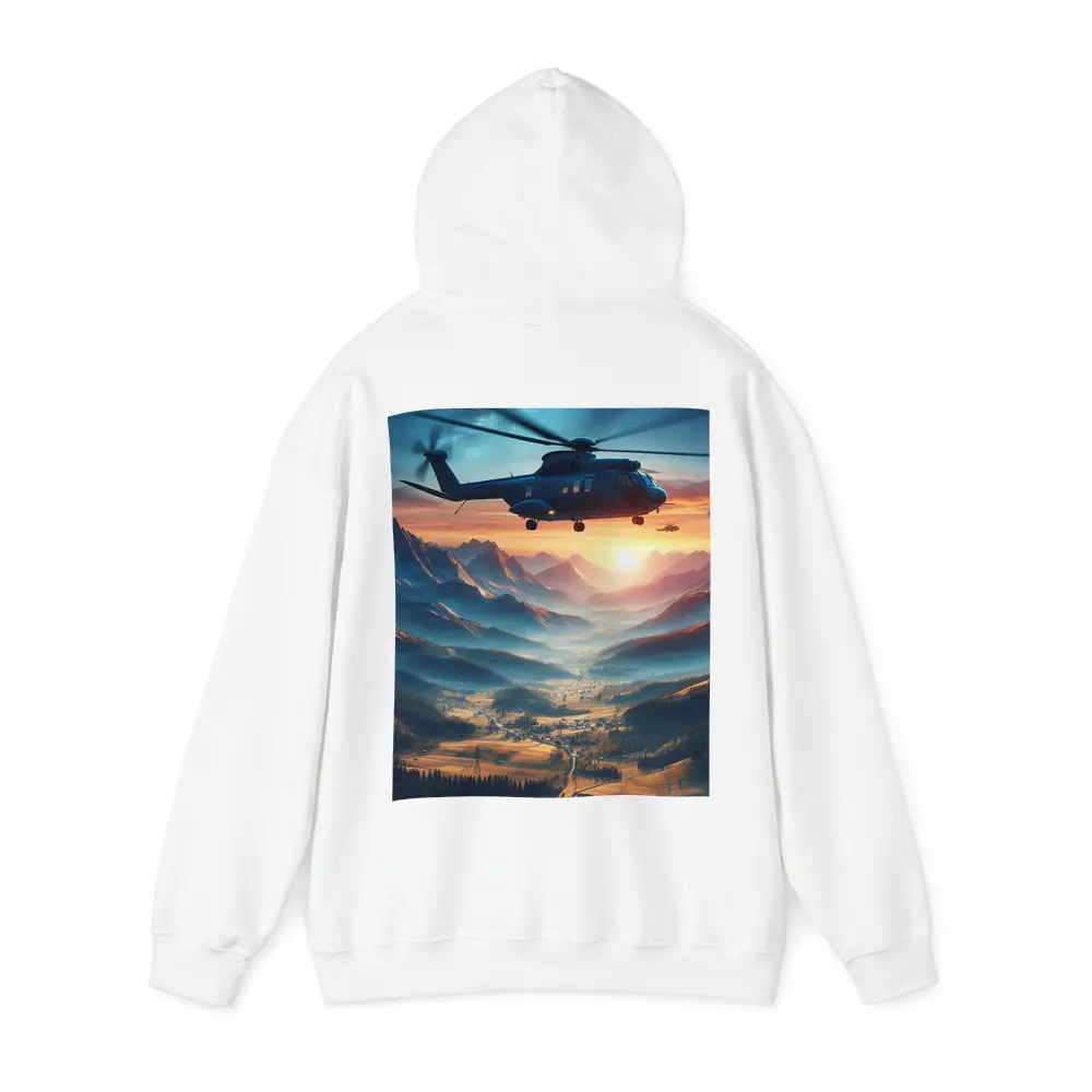 Helicopter Flying Over Mountain Valley Sunset – Hoodies