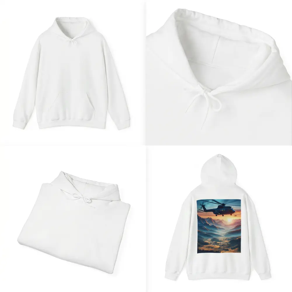 Helicopter Flying Over Mountain Valley Sunset – Hoodies