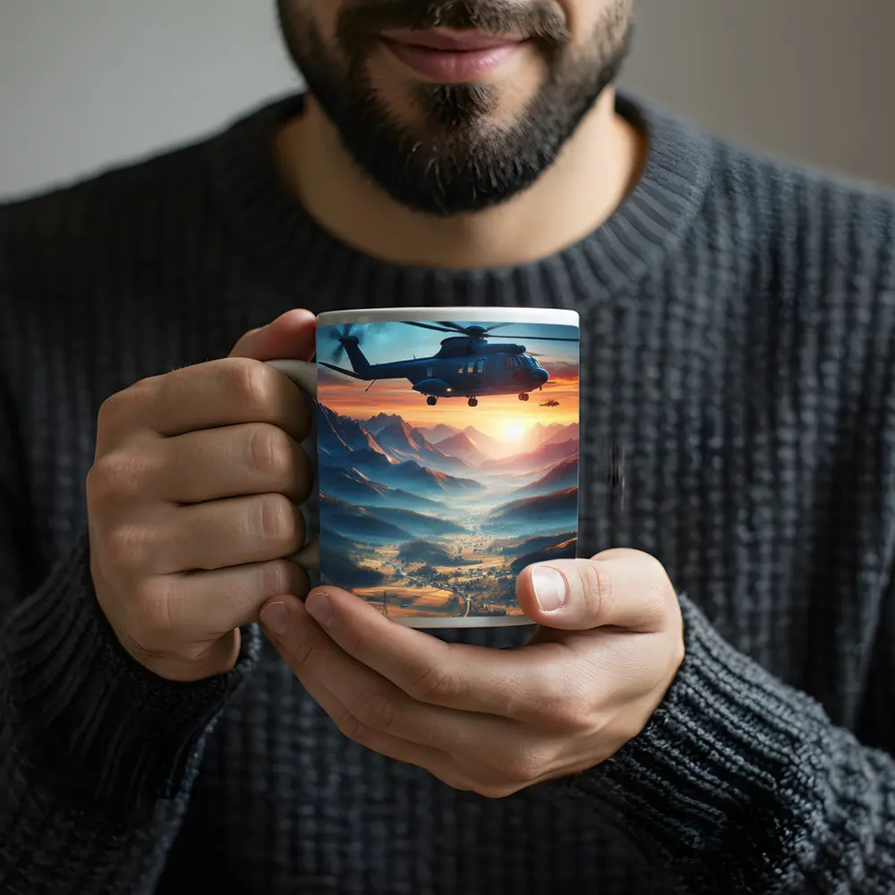 Helicopter Flying Over Mountain Valley Sunset – Mugs