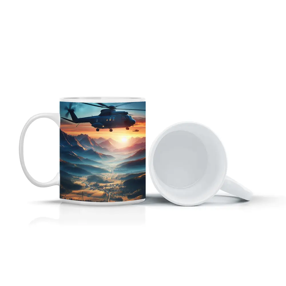 Helicopter Flying Over Mountain Valley Sunset – Mugs