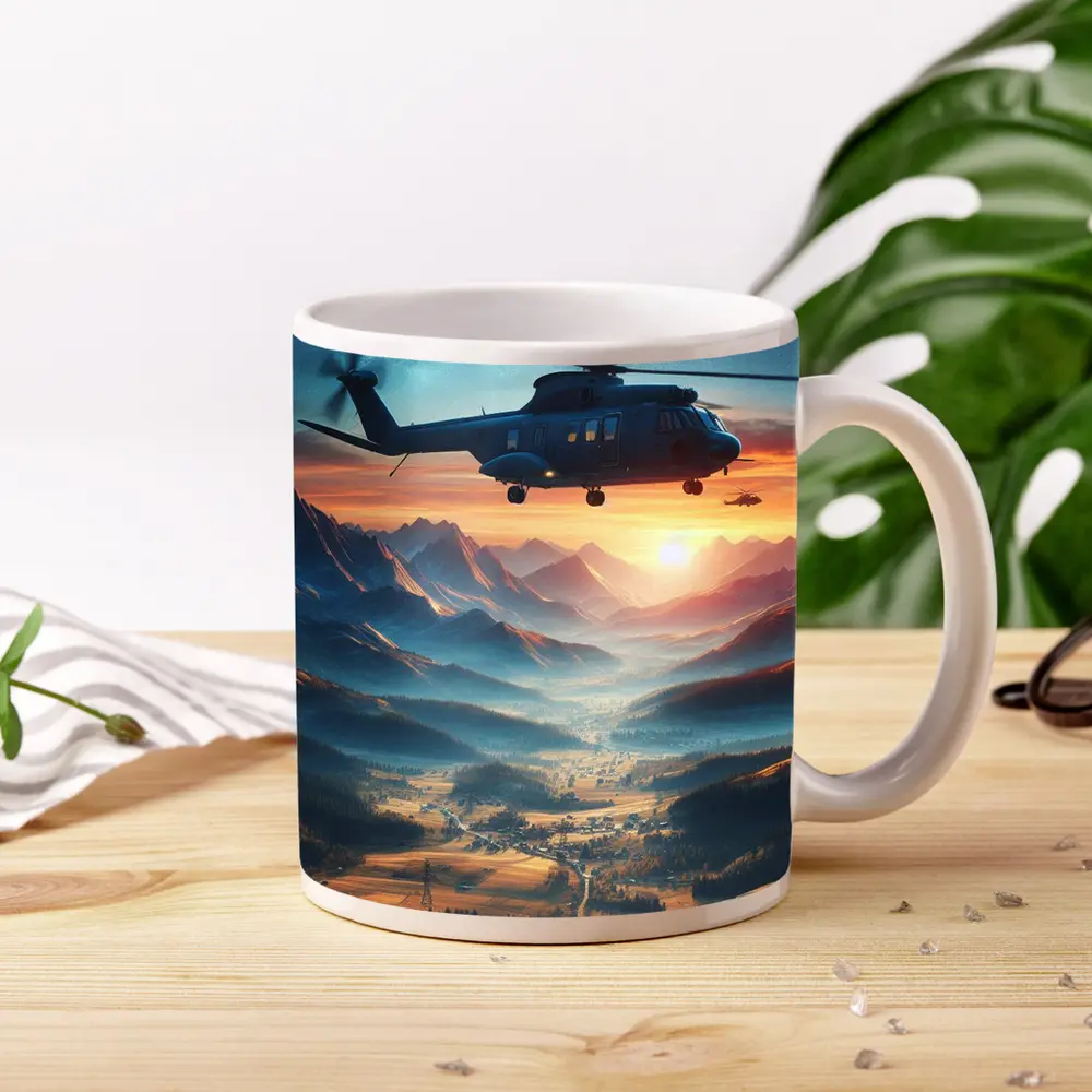Helicopter Flying Over Mountain Valley Sunset – Mugs