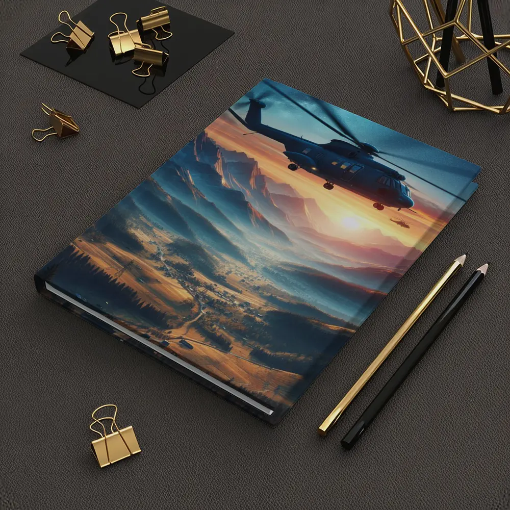 Helicopter Flying Over Mountain Valley Sunset – Notebooks