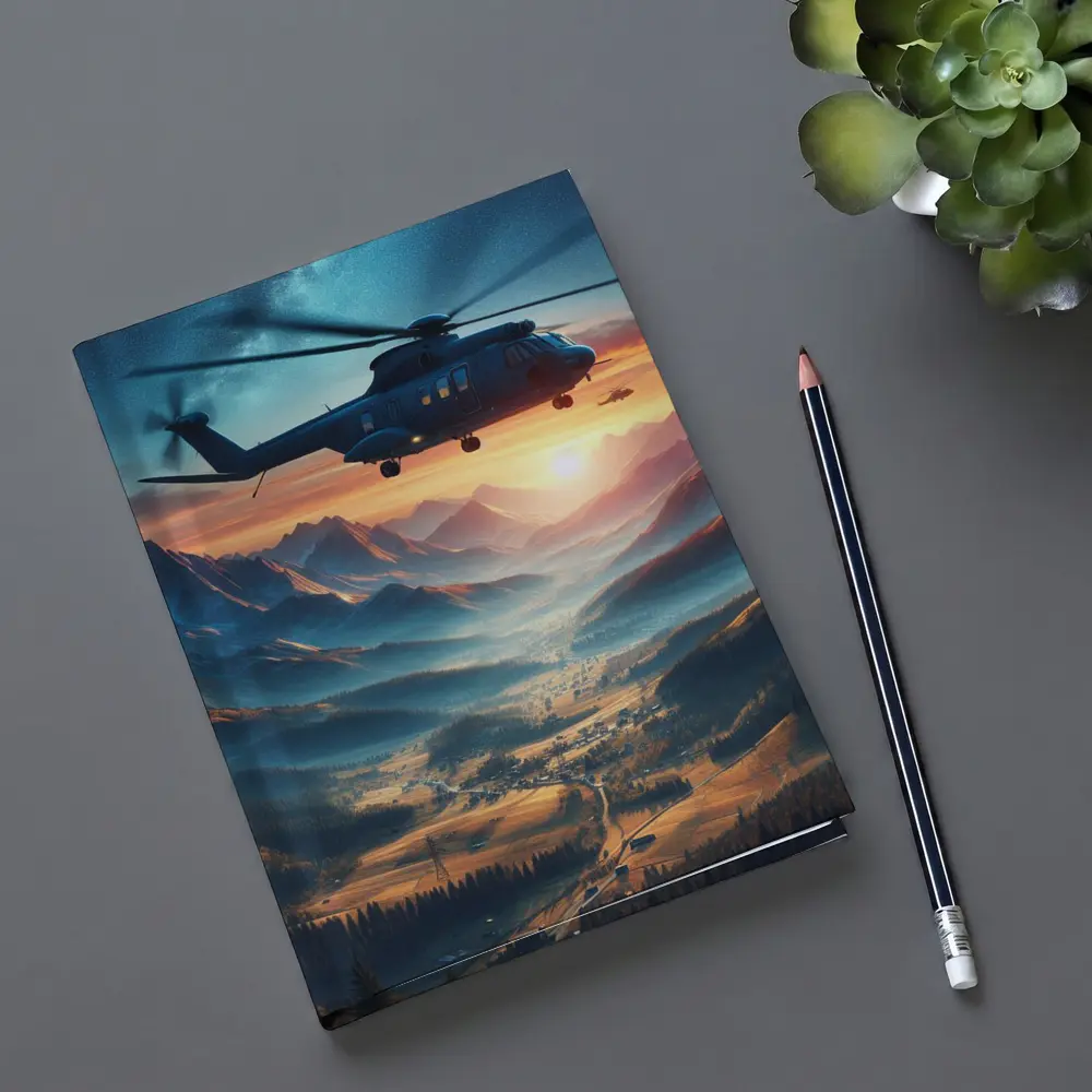 Helicopter Flying Over Mountain Valley Sunset – Notebooks