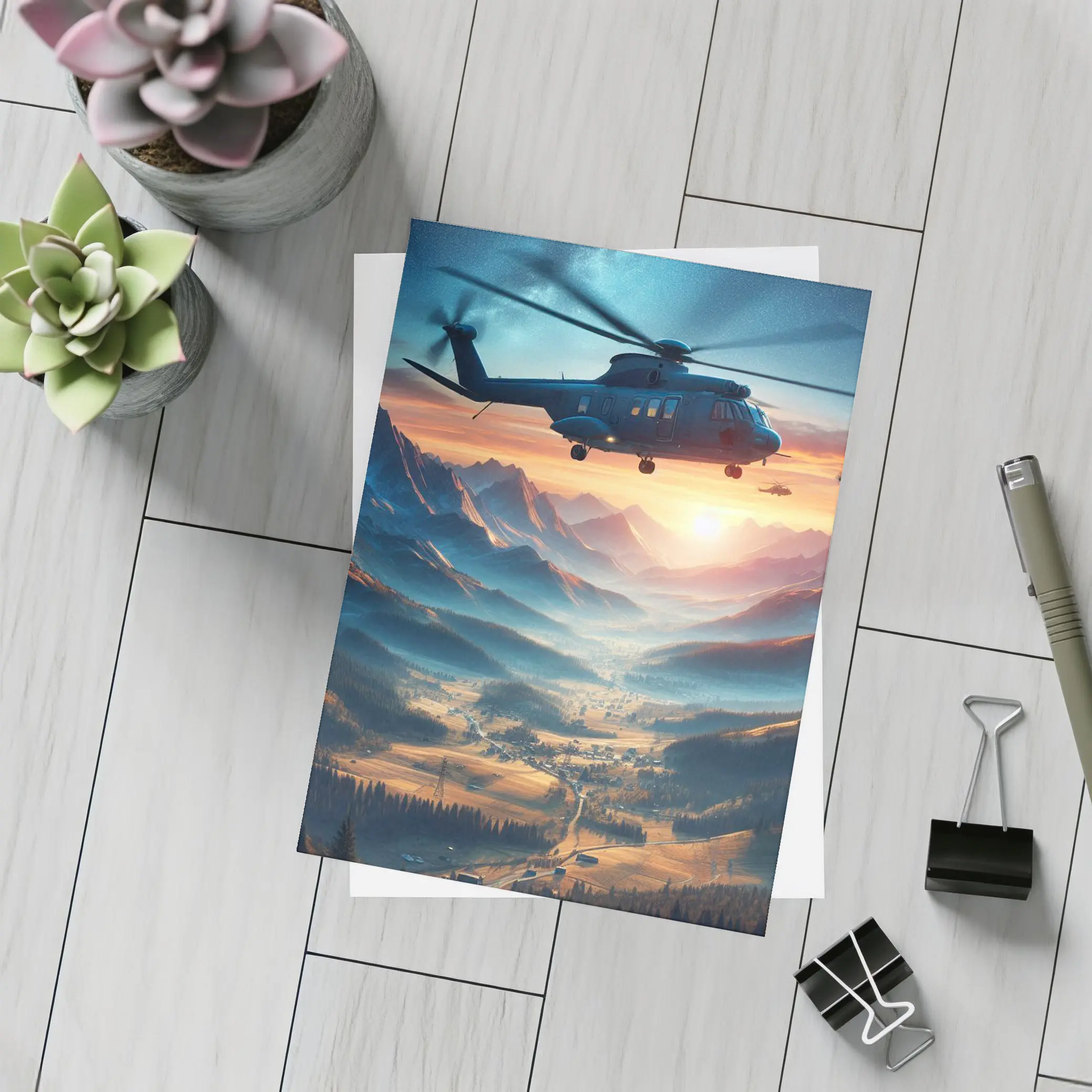 Helicopter Flying Over Mountain Valley Sunset – Postcards