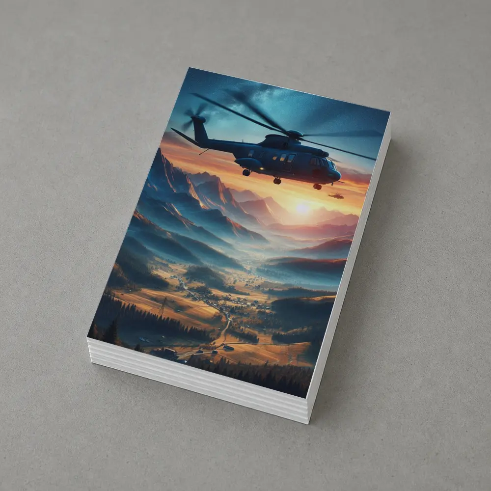 Helicopter Flying Over Mountain Valley Sunset – Postcards