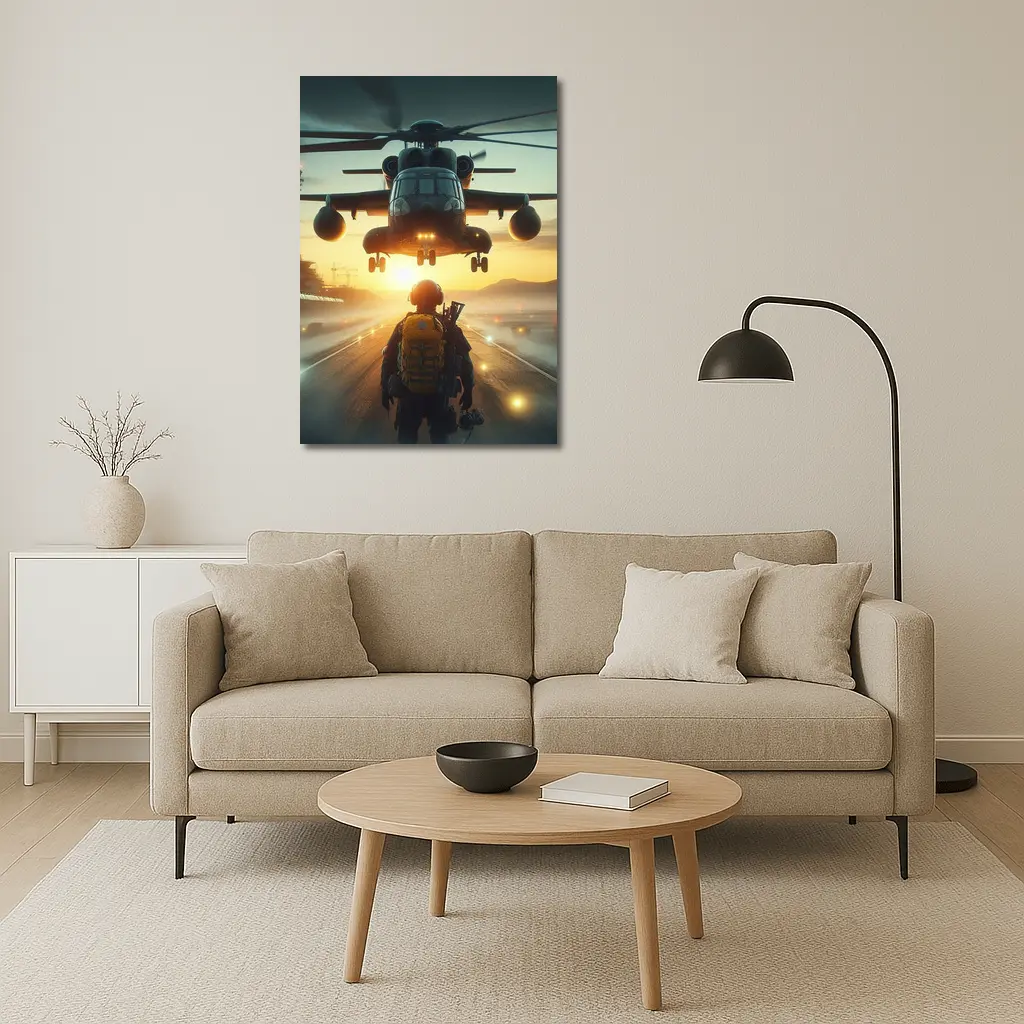 Military Soldier Helicopter Sunset Airfield Scene – Wall Art