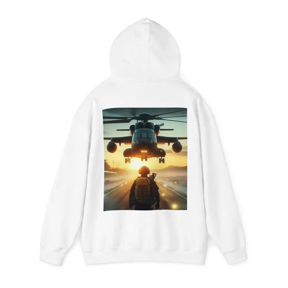Military Soldier Helicopter Sunset Airfield Scene – Hoodies