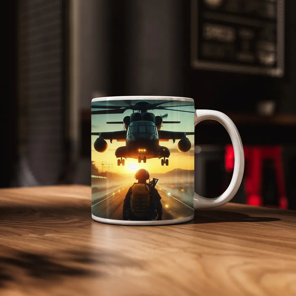 Military Soldier Helicopter Sunset Airfield Scene – Mugs