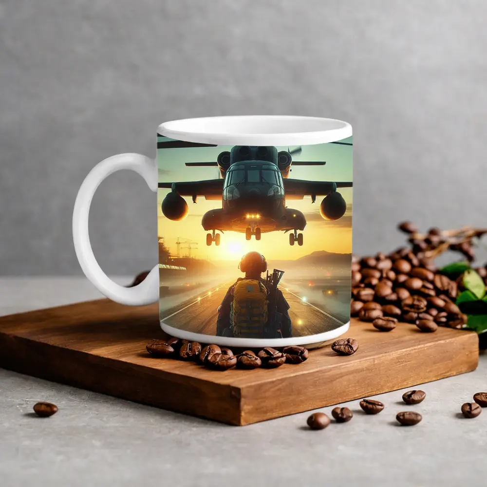 Military Soldier Helicopter Sunset Airfield Scene – Mugs