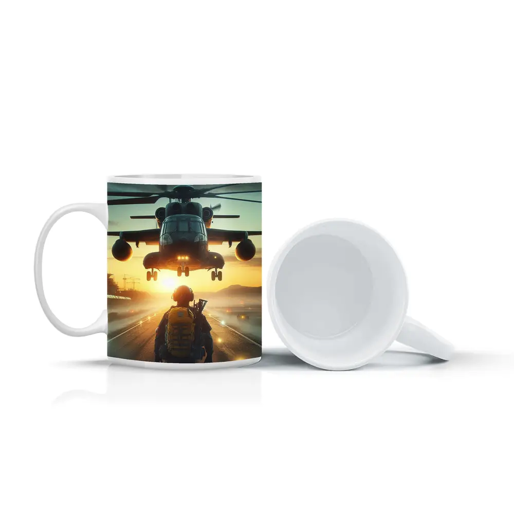 Military Soldier Helicopter Sunset Airfield Scene – Mugs