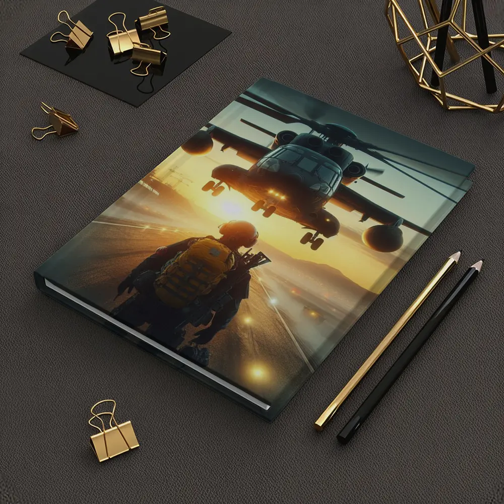 Military Soldier Helicopter Sunset Airfield Scene – Notebooks