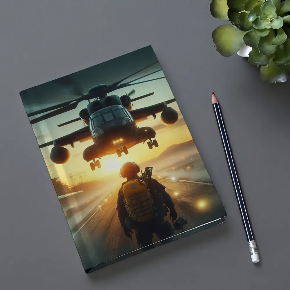 Military Soldier Helicopter Sunset Airfield Scene – Notebooks
