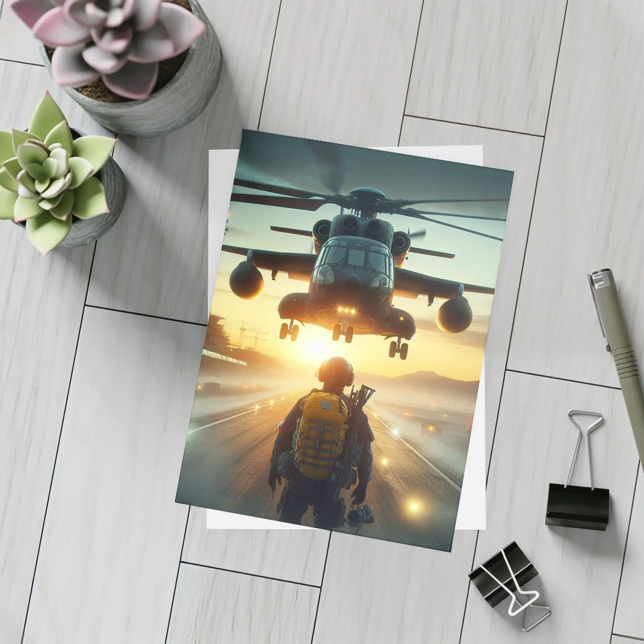 Military Soldier Helicopter Sunset Airfield Scene – Postcards