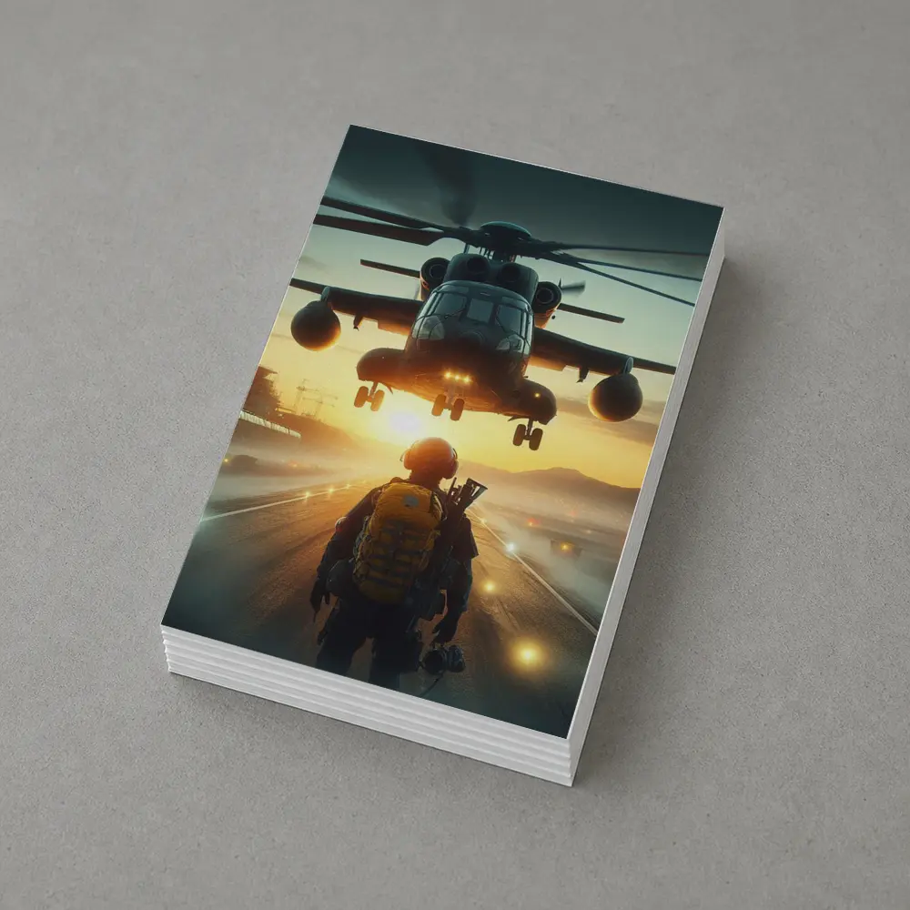 Military Soldier Helicopter Sunset Airfield Scene – Postcards