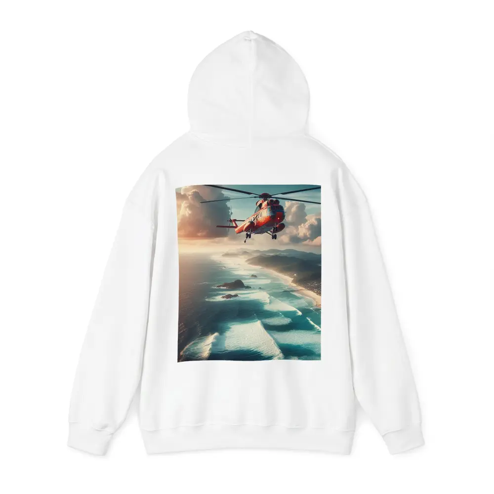 Red Rescue Helicopter Flying Over Coastal Ocean – Hoodies