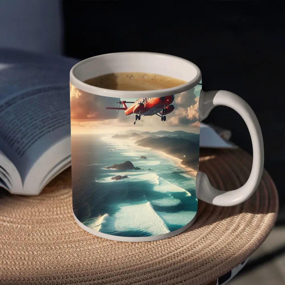 Red Rescue Helicopter Flying Over Coastal Ocean – Mugs