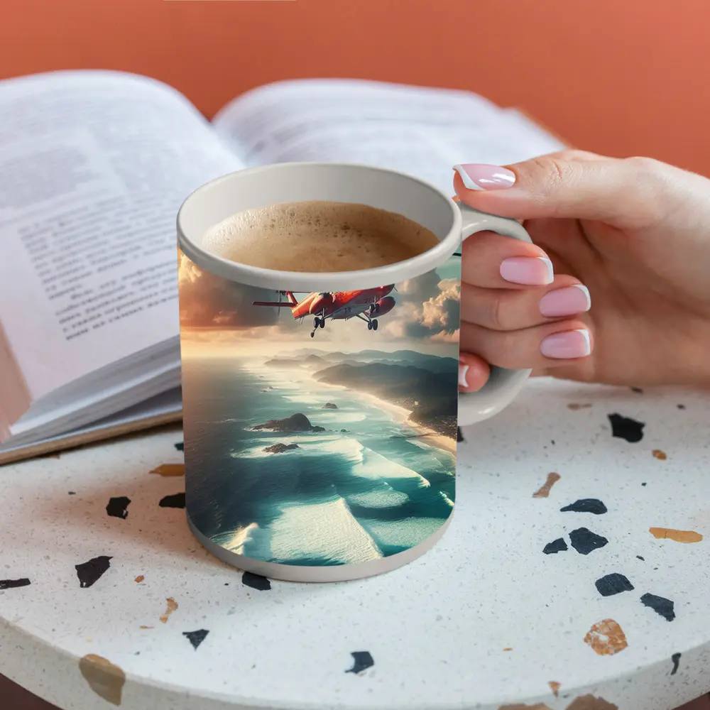 Red Rescue Helicopter Flying Over Coastal Ocean – Mugs