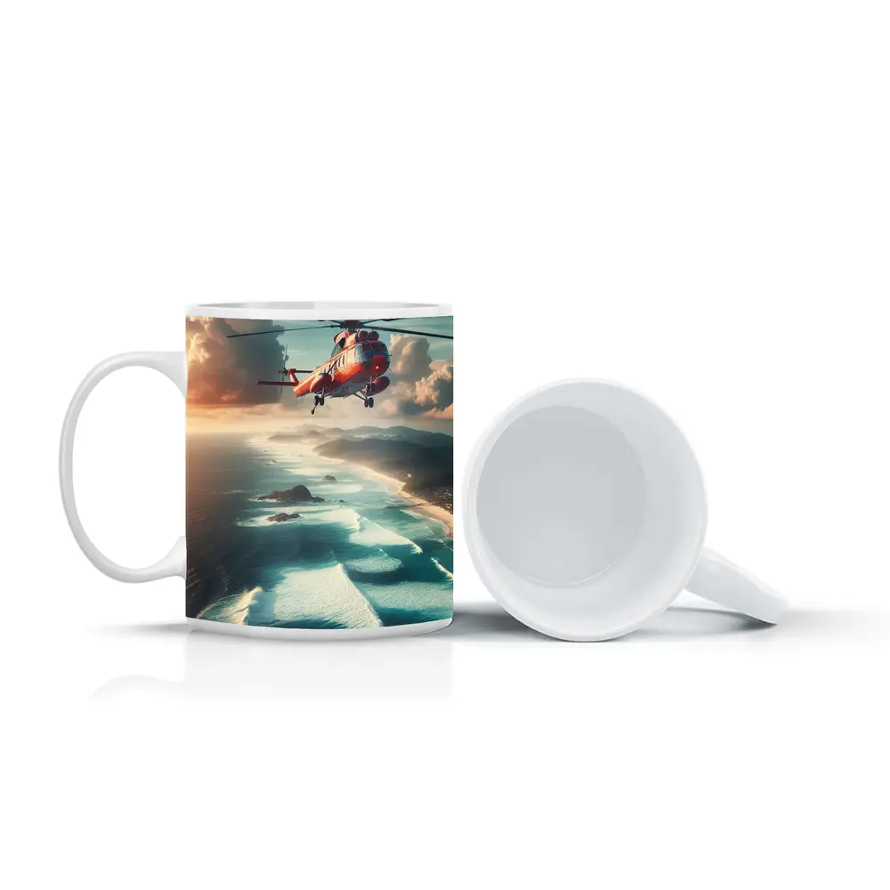 Red Rescue Helicopter Flying Over Coastal Ocean – Mugs