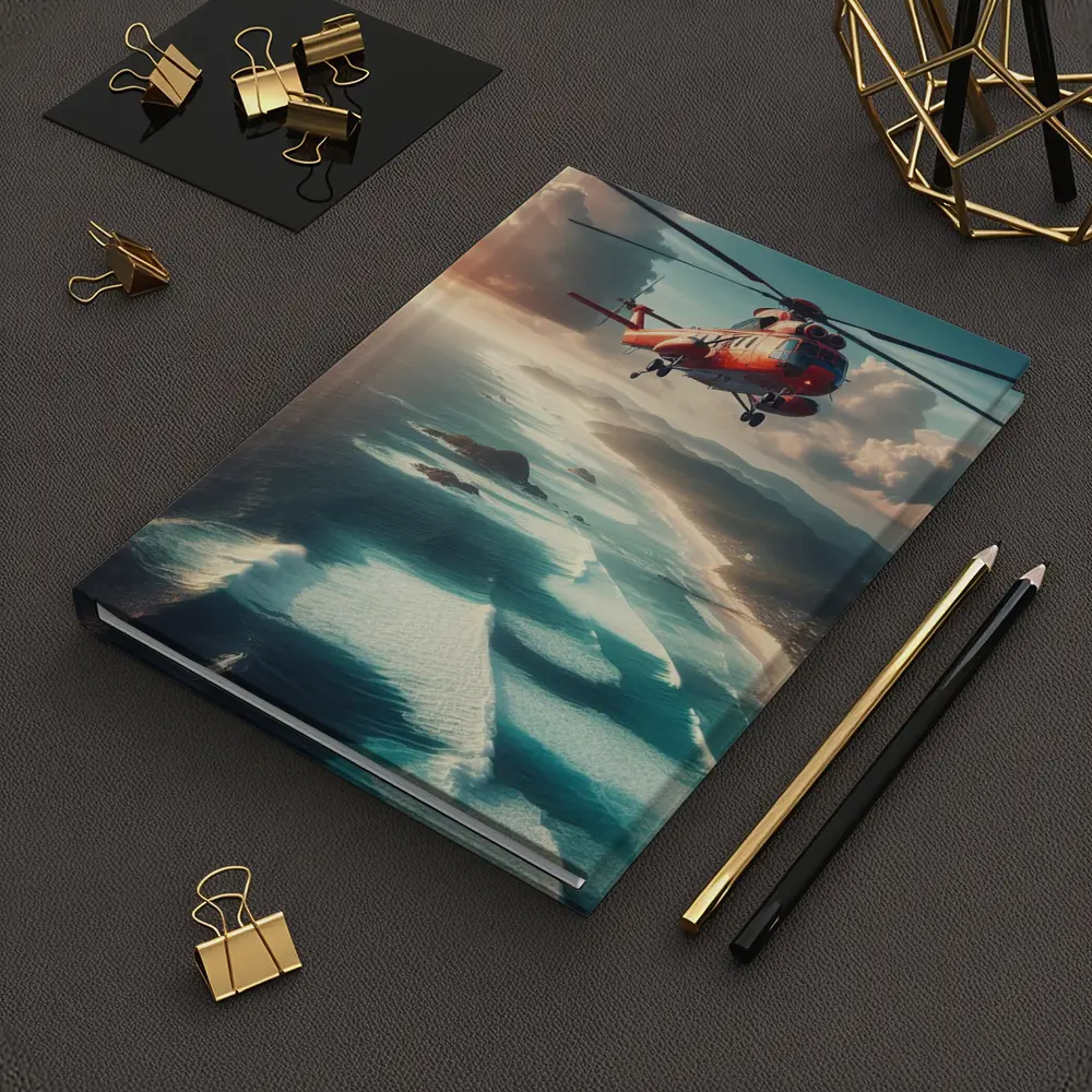 Red Rescue Helicopter Flying Over Coastal Ocean – Notebooks