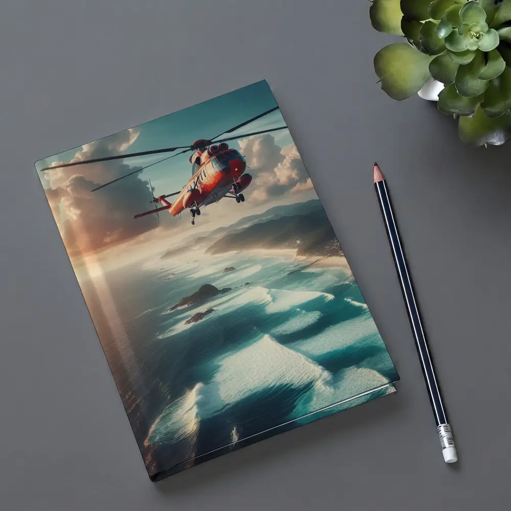 Red Rescue Helicopter Flying Over Coastal Ocean – Notebooks