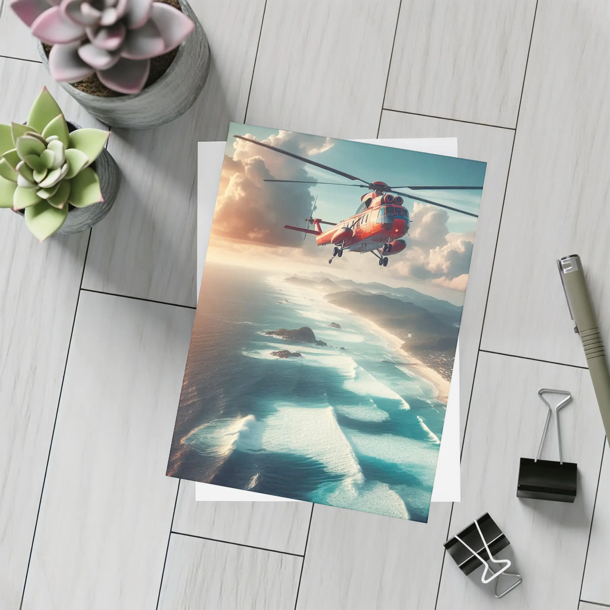 Red Rescue Helicopter Flying Over Coastal Ocean – Postcards