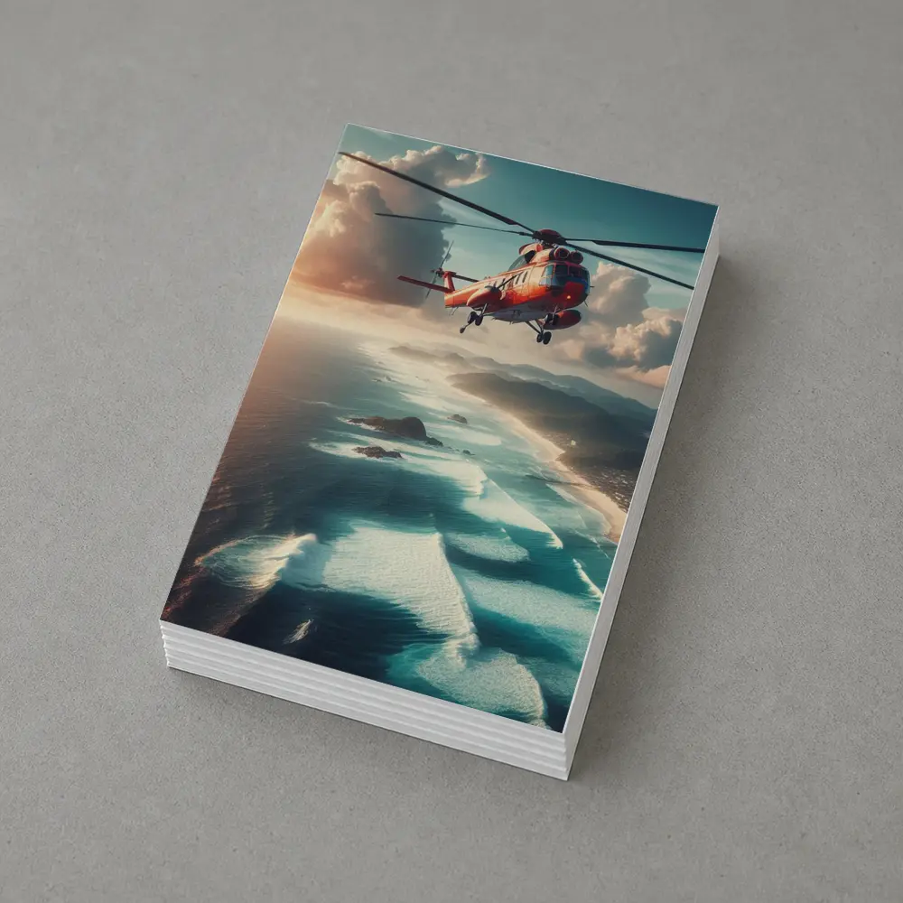 Red Rescue Helicopter Flying Over Coastal Ocean – Postcards