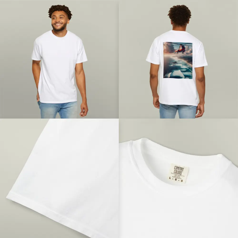 Red Rescue Helicopter Flying Over Coastal Ocean – T-Shirts