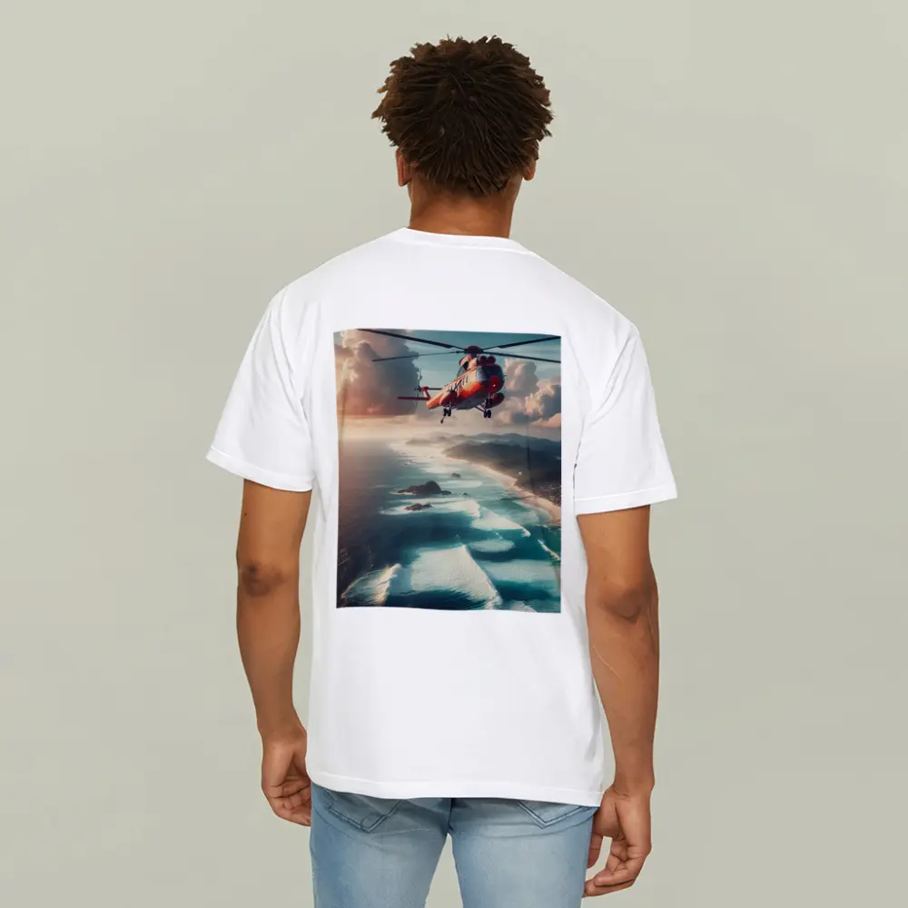 Red Rescue Helicopter Flying Over Coastal Ocean – T-Shirts