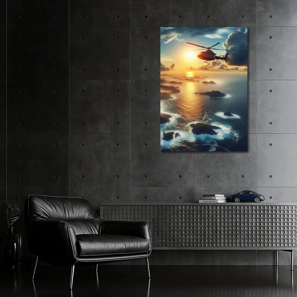 Helicopter Flying Over Coastal Sunset Seascape – Wall Art