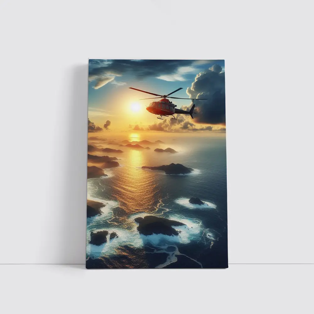 Helicopter Flying Over Coastal Sunset Seascape – Wall Art