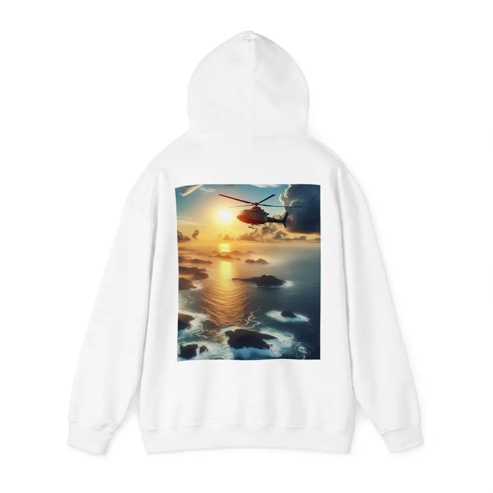 Helicopter Flying Over Coastal Sunset Seascape – Hoodies