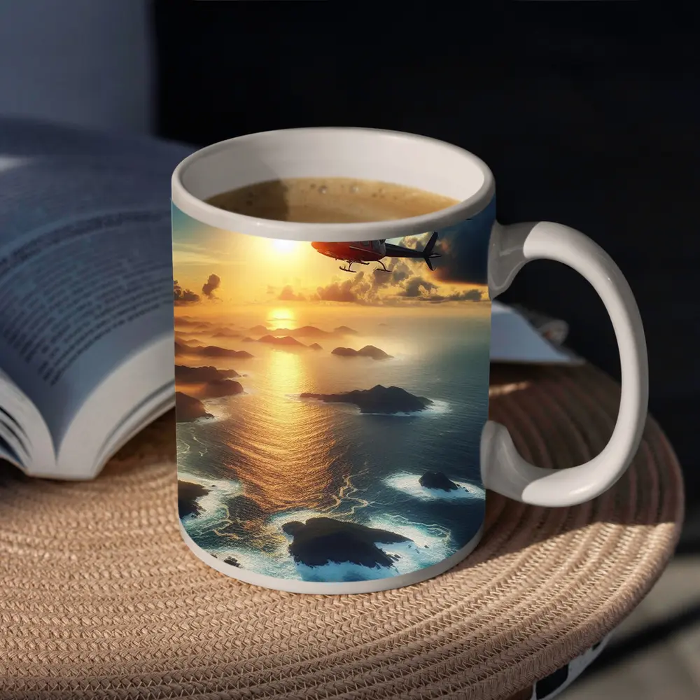 Helicopter Flying Over Coastal Sunset Seascape – Mugs