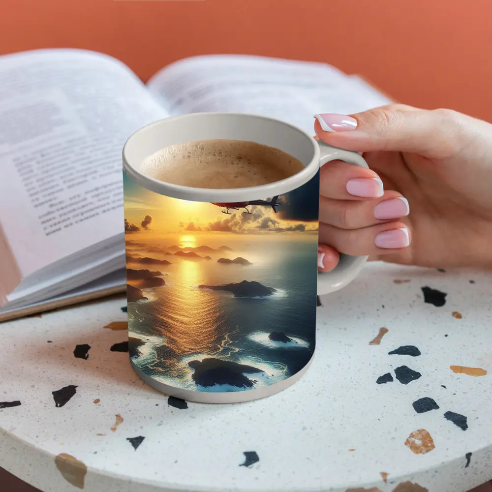 Helicopter Flying Over Coastal Sunset Seascape – Mugs