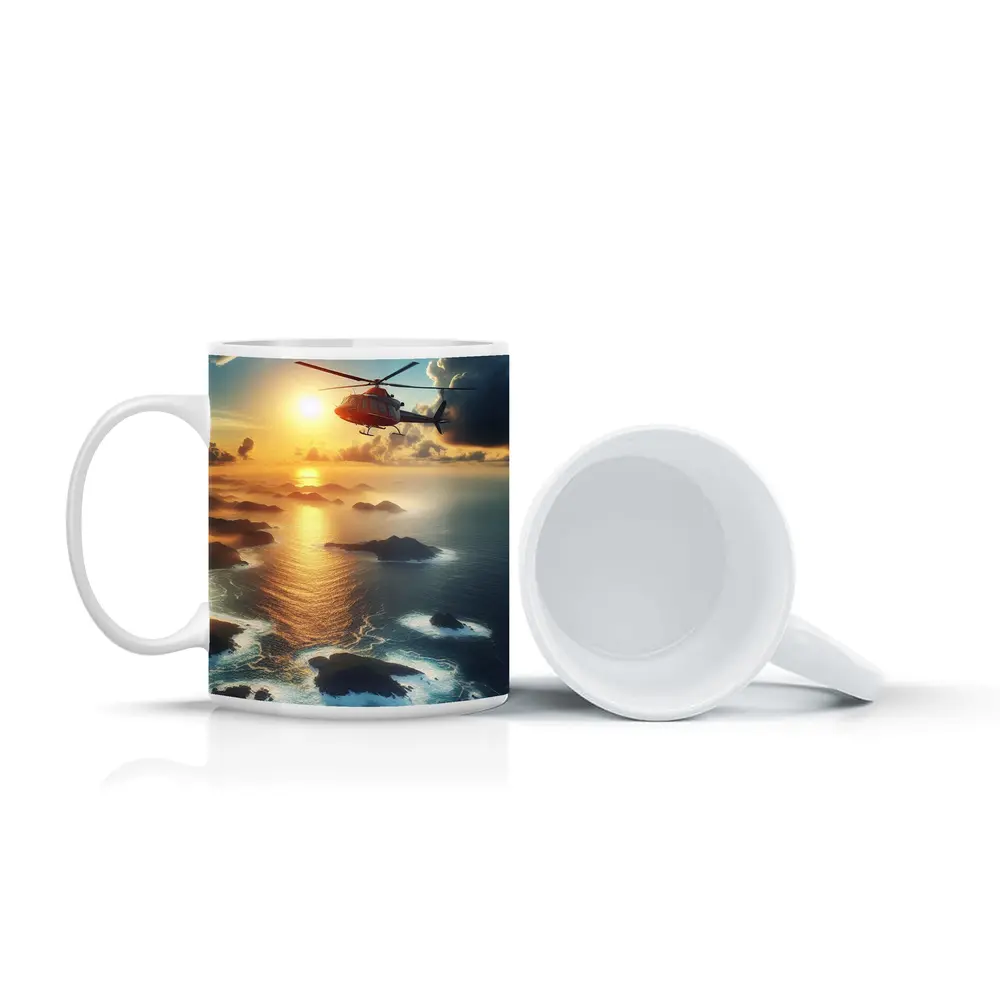Helicopter Flying Over Coastal Sunset Seascape – Mugs