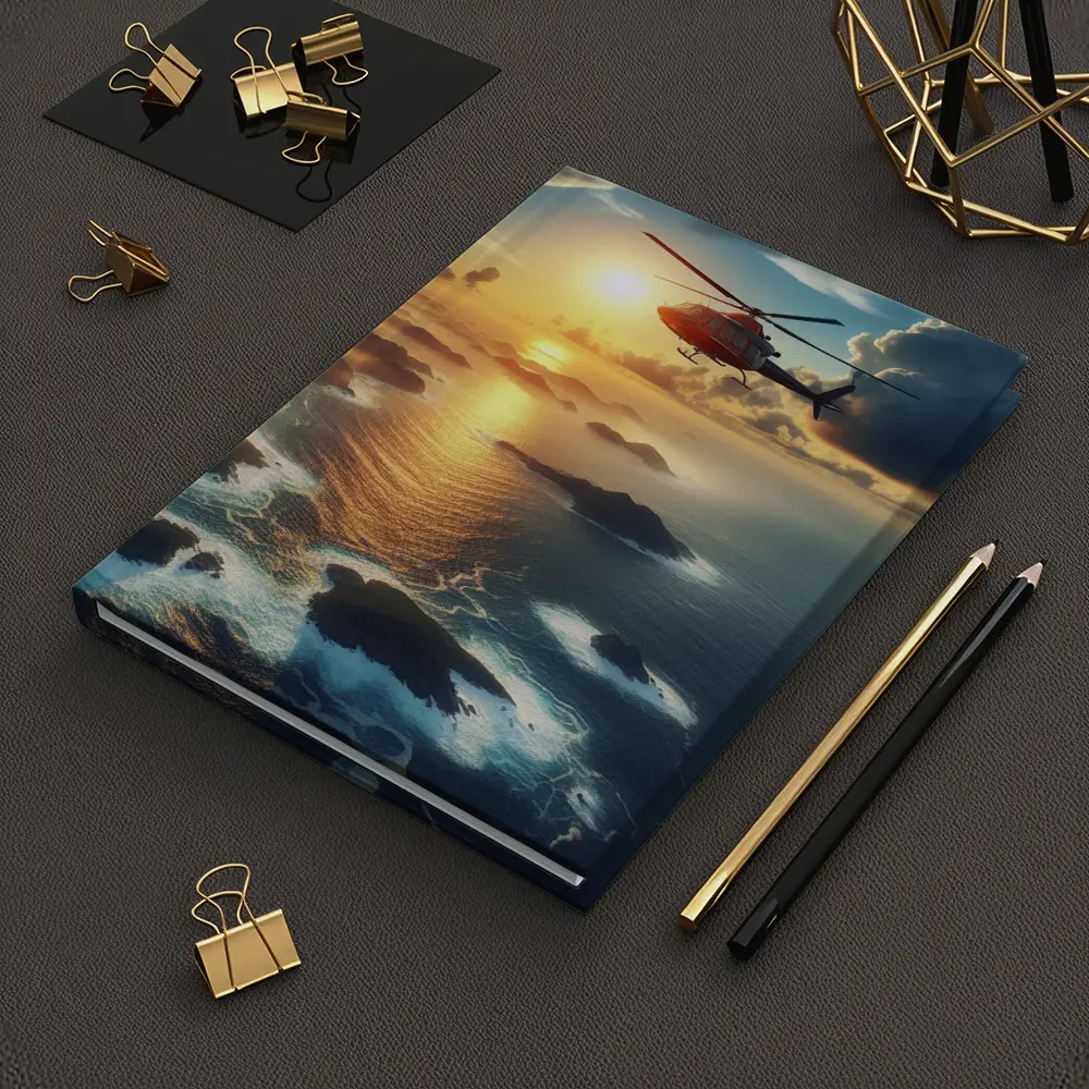 Helicopter Flying Over Coastal Sunset Seascape – Notebooks