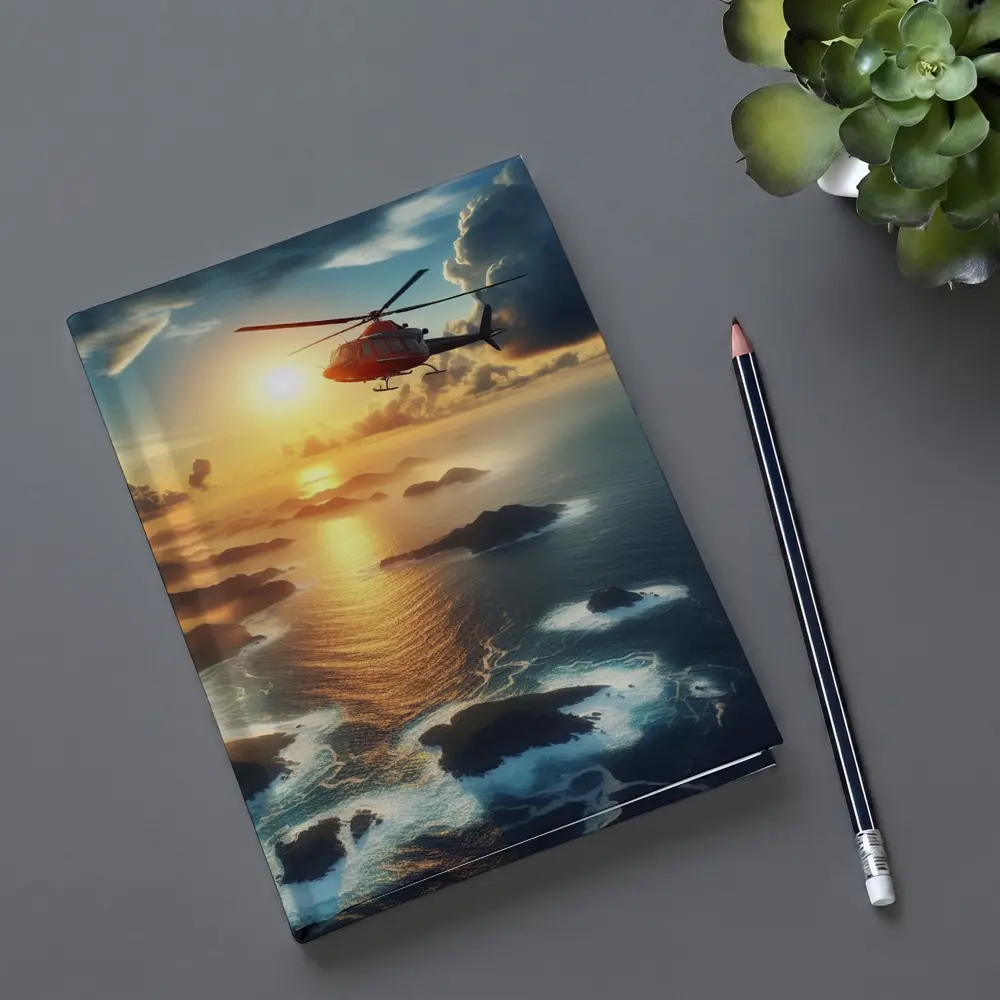 Helicopter Flying Over Coastal Sunset Seascape – Notebooks