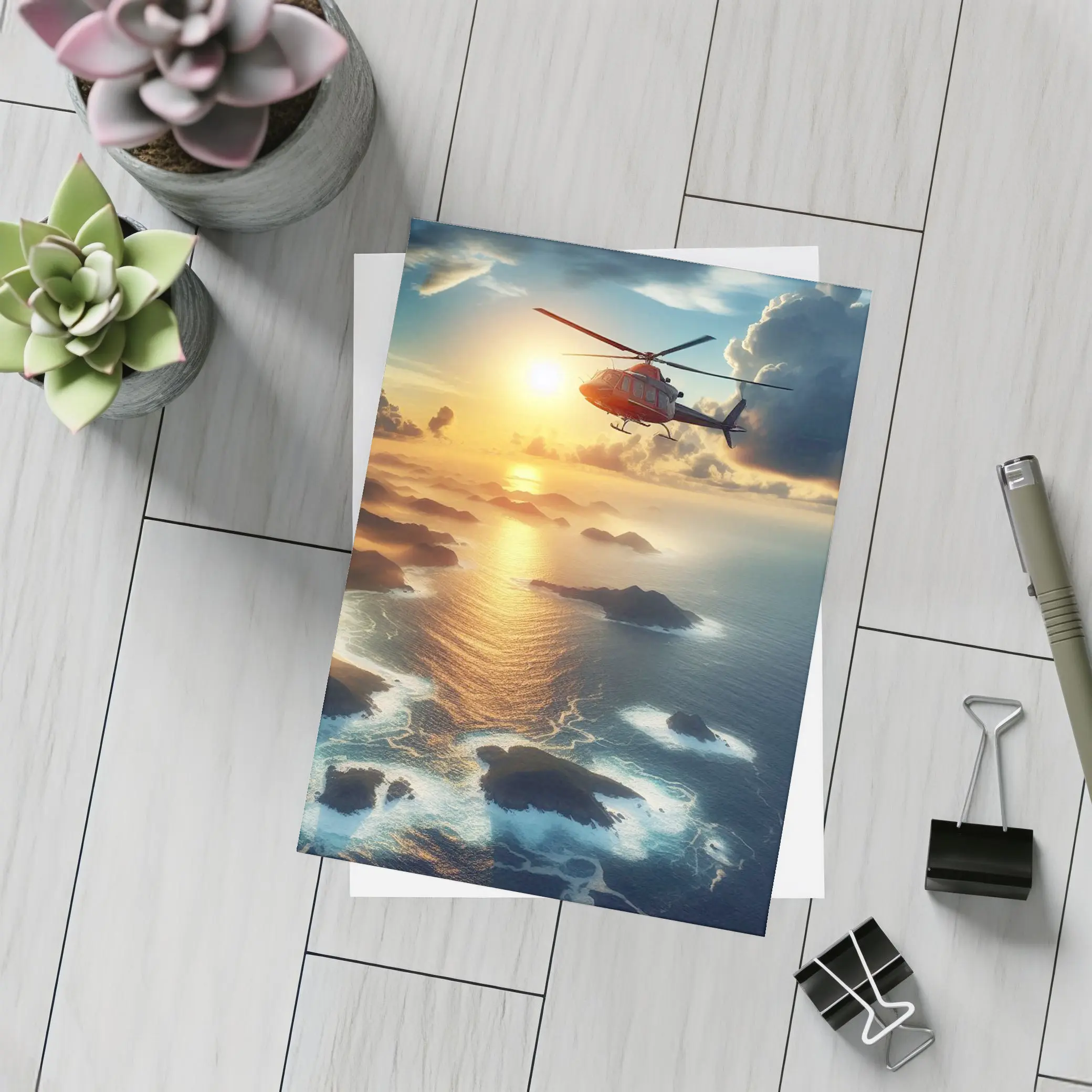 Helicopter Flying Over Coastal Sunset Seascape – Postcards