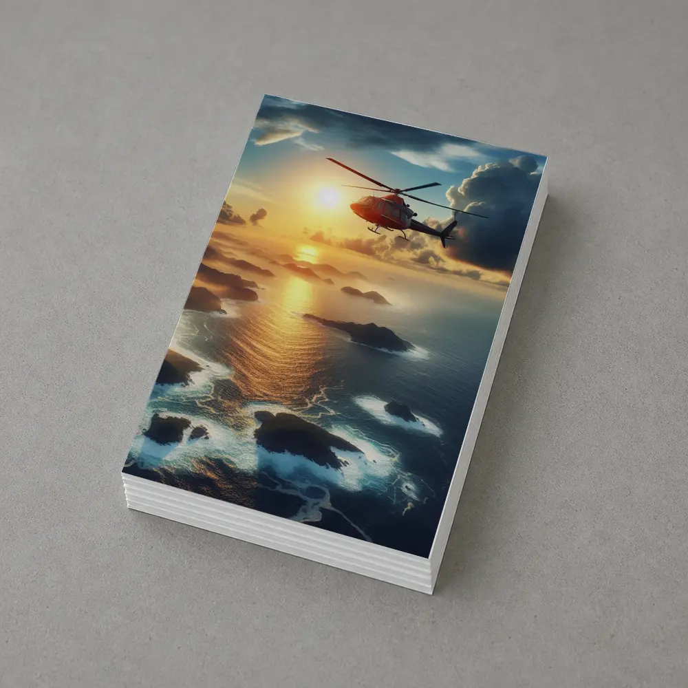 Helicopter Flying Over Coastal Sunset Seascape – Postcards